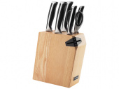 Набор из 5 кухонных ножей, ножниц и блока для ножей с ножеточкой URSA (серебристый, черный, бежевый)
