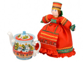 Подарочный набор Кремлевский: кукла на чайник, чайник заварной с росписью (красный, разноцветный)