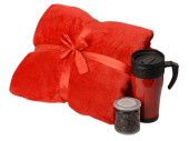 Подарочный набор Tasty hygge с пледом, термокружкой и миндалем в шоколадной глазури (красный, красный, черный)