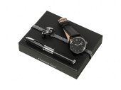 Подарочный набор: часы наручные, запонки, ручка-роллер (черный, серебристый)