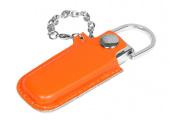 USB 2.0- флешка на 32 Гб в массивном корпусе с кожаным чехлом (оранжевый, серебристый)