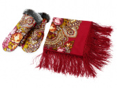 Подарочный набор: Павлопосадский платок, рукавицы (красный, разноцветный)