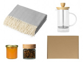 Подарочный набор с пледом, френчпрессом, чаем и вареньем (серый)
