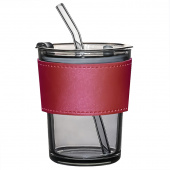 Стакан стеклянный с трубочкой и капхолдером Karamel, бордовый Стакан стеклянный с трубочкой и капхолдером Karamel, бордовый