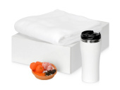 Подарочный набор с пледом, мылом и термокружкой (белый, оранжевый)