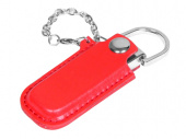 USB 2.0- флешка на 32 Гб в массивном корпусе с кожаным чехлом (красный, серебристый)