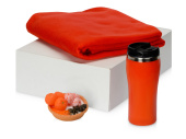 Подарочный набор с пледом, мылом и термокружкой (красный, красный, оранжевый)
