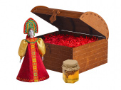 Подарочный набор: кукла фарфоровая, мёд с гецким орехом (красный, голубой, коричневый, разноцветный)