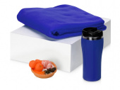 Подарочный набор с пледом, мылом и термокружкой (синий, синий, оранжевый)