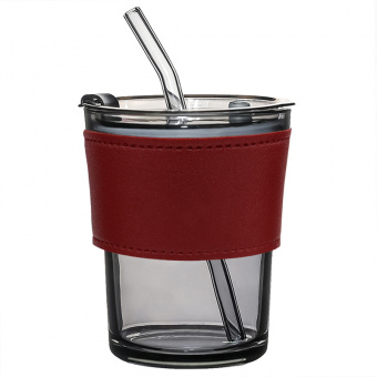 Стакан стеклянный с трубочкой и капхолдером Karamel, бордовый