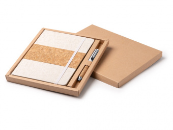 Набор блокнот с ручкой из пробки и хлопка Beret (бежевый)