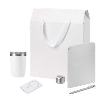 Подарочный набор Welcome Pack Premium, серебряный (термокружка, колонка, ежедневник, ручка, ЗУ, коробка-пакет)