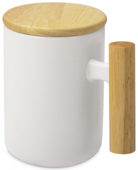 Кружка с ручкой и крышкой из каучукового дерева Jeny (белый, натуральный)