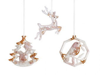 Набор елочных игрушек: Снегирь, Олень, Ель (розовый)