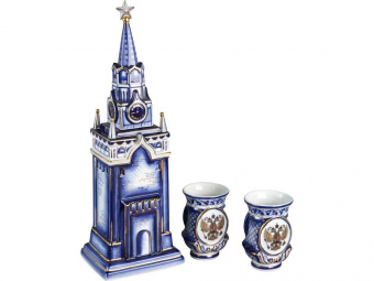 Набор Кремль: штоф для водки с двумя стопками (синий, белый)