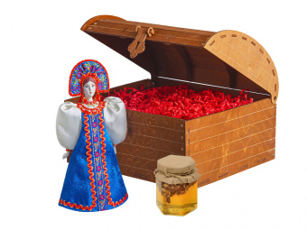 Подарочный набор: кукла фарфоровая, мёд с гецким орехом (синий, красный, коричневый, разноцветный)