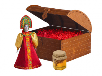 Подарочный набор: кукла фарфоровая, мёд с гецким орехом (красный, голубой, коричневый, разноцветный)