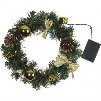 Венок еловый DECORAGE, диаметр 30 см, 10 LED ламп, на батарейках, зелёная хвоя, золотистые украшения