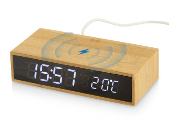 Часы настольные с беспроводной зарядкой Index, 10 Вт (натуральный, черный)