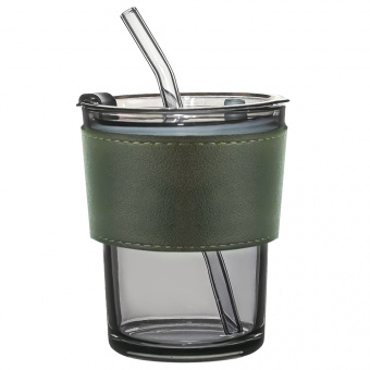 Стакан стеклянный с трубочкой и капхолдером Karamel, зелёный