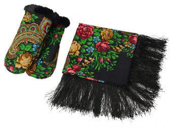 Подарочный набор: Павлопосадский платок, рукавицы (черный, разноцветный)